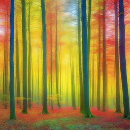 An abstract surreal forest bathing in the light of sunrise, transforming into hues of yellow, green, blue, and red, creating a magical spectacle of nature