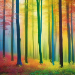 An abstract surreal forest bathing in the light of sunrise, transforming into hues of yellow, green, blue, and red, creating a magical spectacle of nature