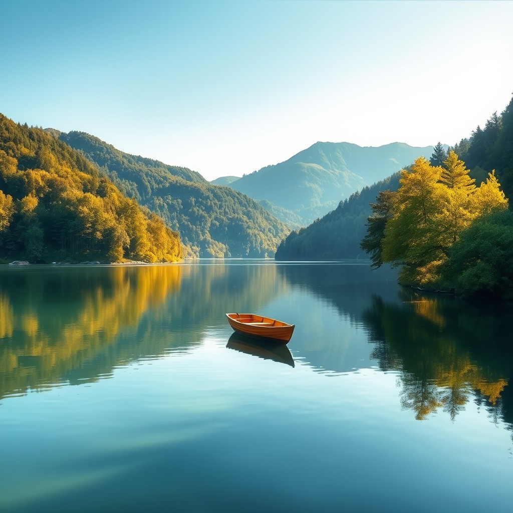 A calm landscape depicting a serene lake surrounded by lush green trees and mountains in the background, with a soft, clear blue sky above