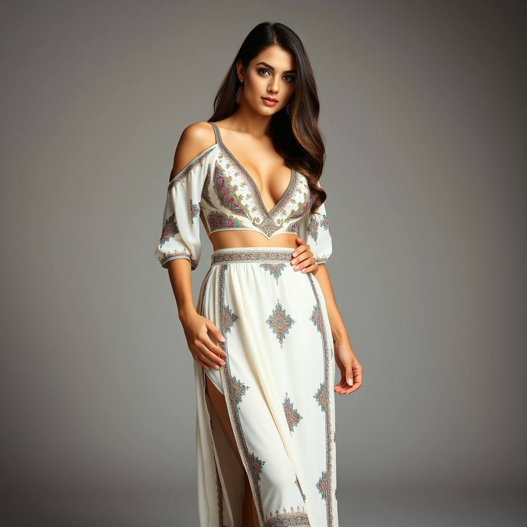 A stunning Middle Eastern-inspired dress featuring a separate top and bottom