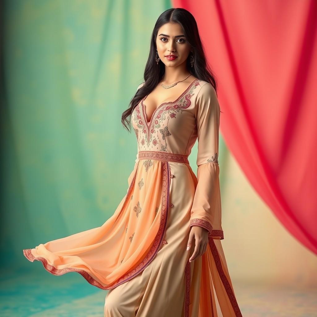 A stunning young woman wearing a traditional shalwar kameez designed as a stylish double split dress