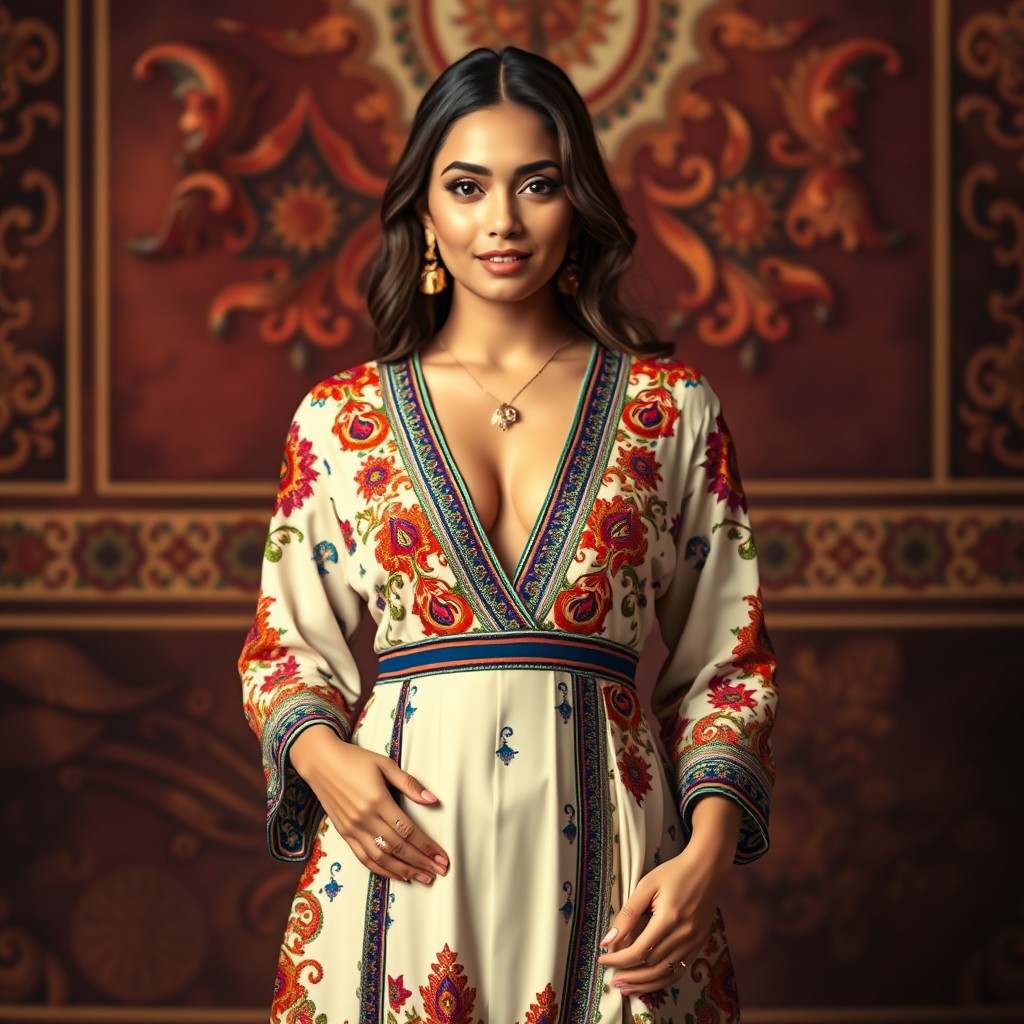 A beautiful Middle-Eastern woman wearing a striking traditional shalwar kameez reimagined as a fashionable double split dress