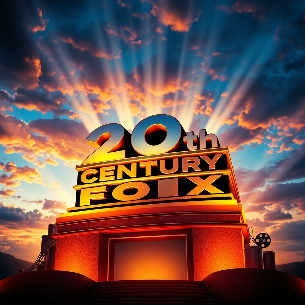 A stunning and dynamic visual interpretation of the iconic 20th Century Fox logo, featuring the grand and majestic structure of the building with its prominent letters '20th Century Fox' illuminated, surrounded by dramatic clouds and a vibrant sunset sky