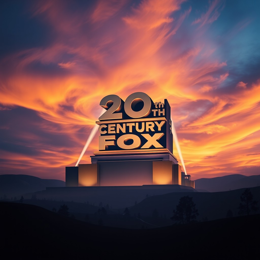 A dramatic film scene depicting an expansive, atmospheric landscape at twilight featuring an iconic, stylized representation of the 20th Century Fox logo