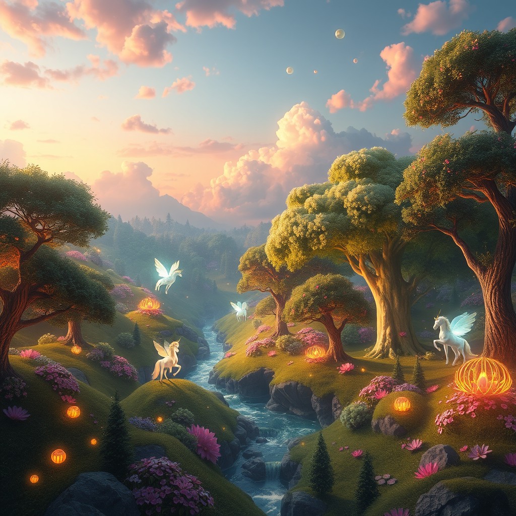 An imaginative fantasy landscape featuring a vibrant, enchanted forest filled with luminescent flora and a sparkling river weaving through the trees