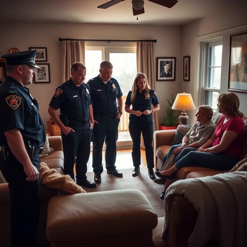 A tense scene inside a cozy family home, depicting a group of four police officers (two male, two female) in full uniform, interacting with a concerned family