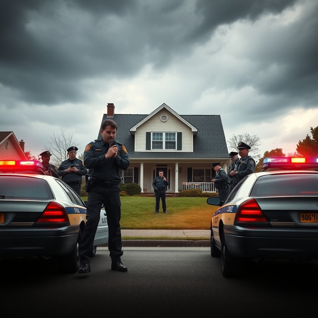 A dramatic scene depicting police officers surrounding a house