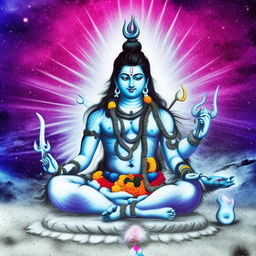 A distinct depiction of Lord Shiva, seated in a lotus posture with third eye open against a cosmic backdrop, non-traditional colors greatly enhance the uniqueness of the image. His trident rests beside him, and Mount Kailash is a silhouette in the background.