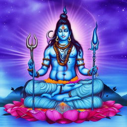 A distinct depiction of Lord Shiva, seated in a lotus posture with third eye open against a cosmic backdrop, non-traditional colors greatly enhance the uniqueness of the image. His trident rests beside him, and Mount Kailash is a silhouette in the background.