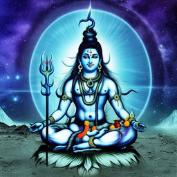 A distinct depiction of Lord Shiva, seated in a lotus posture with third eye open against a cosmic backdrop, non-traditional colors greatly enhance the uniqueness of the image. His trident rests beside him, and Mount Kailash is a silhouette in the background.