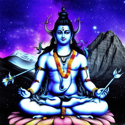 A distinct depiction of Lord Shiva, seated in a lotus posture with third eye open against a cosmic backdrop, non-traditional colors greatly enhance the uniqueness of the image. His trident rests beside him, and Mount Kailash is a silhouette in the background.