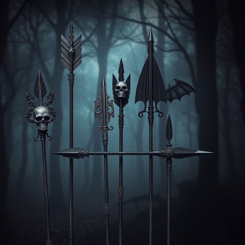 A collection of gothic arrows, featuring intricate designs and dark themes