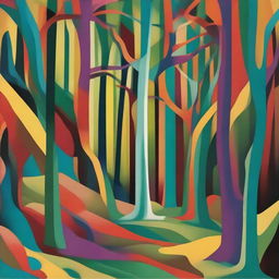 An abstract and surrealistic depiction of a forest with unusual shapes, twisted perspective and vivid, imaginative colors