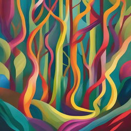 An abstract and surrealistic depiction of a forest with unusual shapes, twisted perspective and vivid, imaginative colors