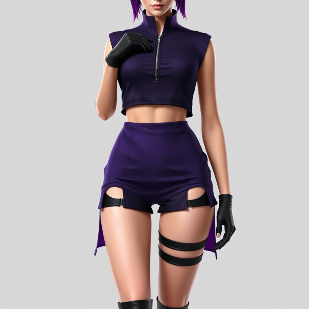A realistic depiction of a female model wearing a dark purple sleeveless top featuring a zipper in the middle, with a short neck opening at the chest and cropped at the stomach, reminiscent of Sakura's outfit from Naruto Part II