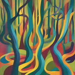 An abstract and surrealistic depiction of a forest with unusual shapes, twisted perspective and vivid, imaginative colors