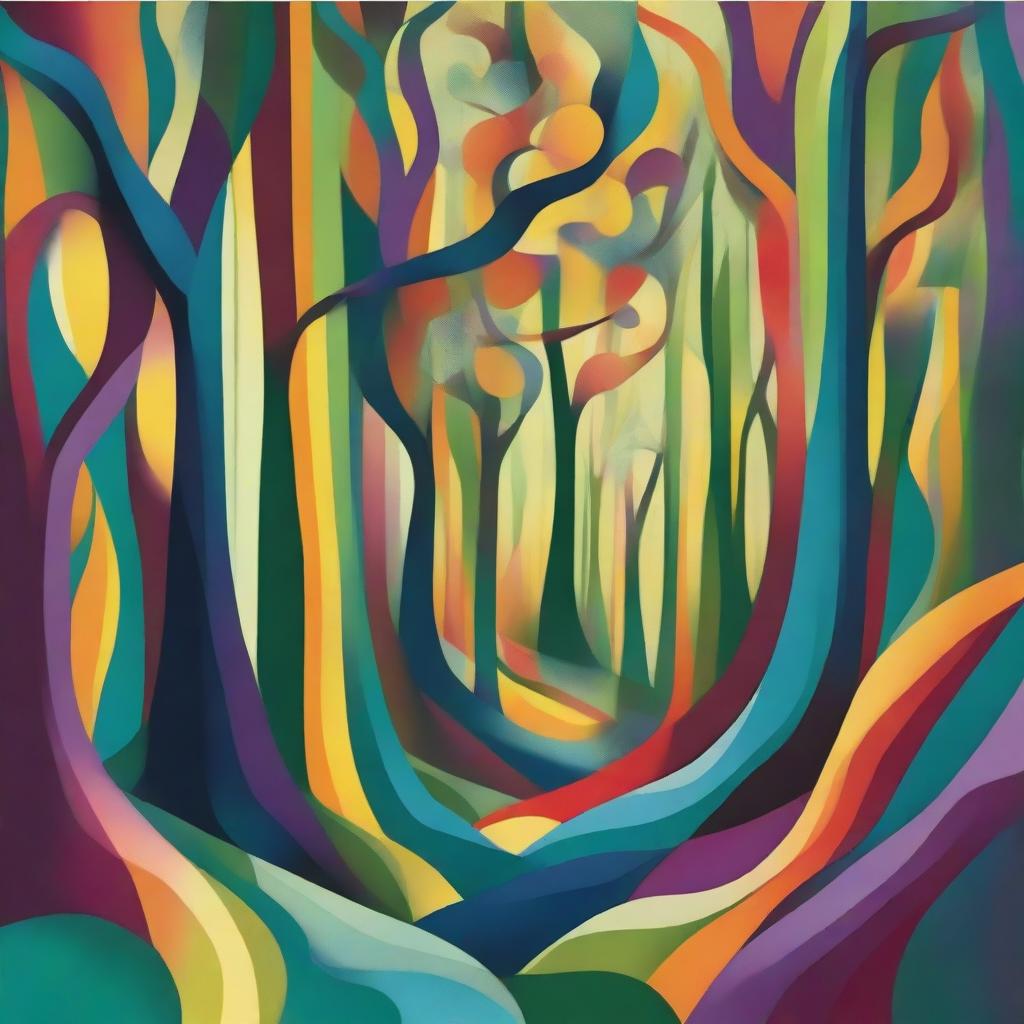 An abstract and surrealistic depiction of a forest with unusual shapes, twisted perspective and vivid, imaginative colors