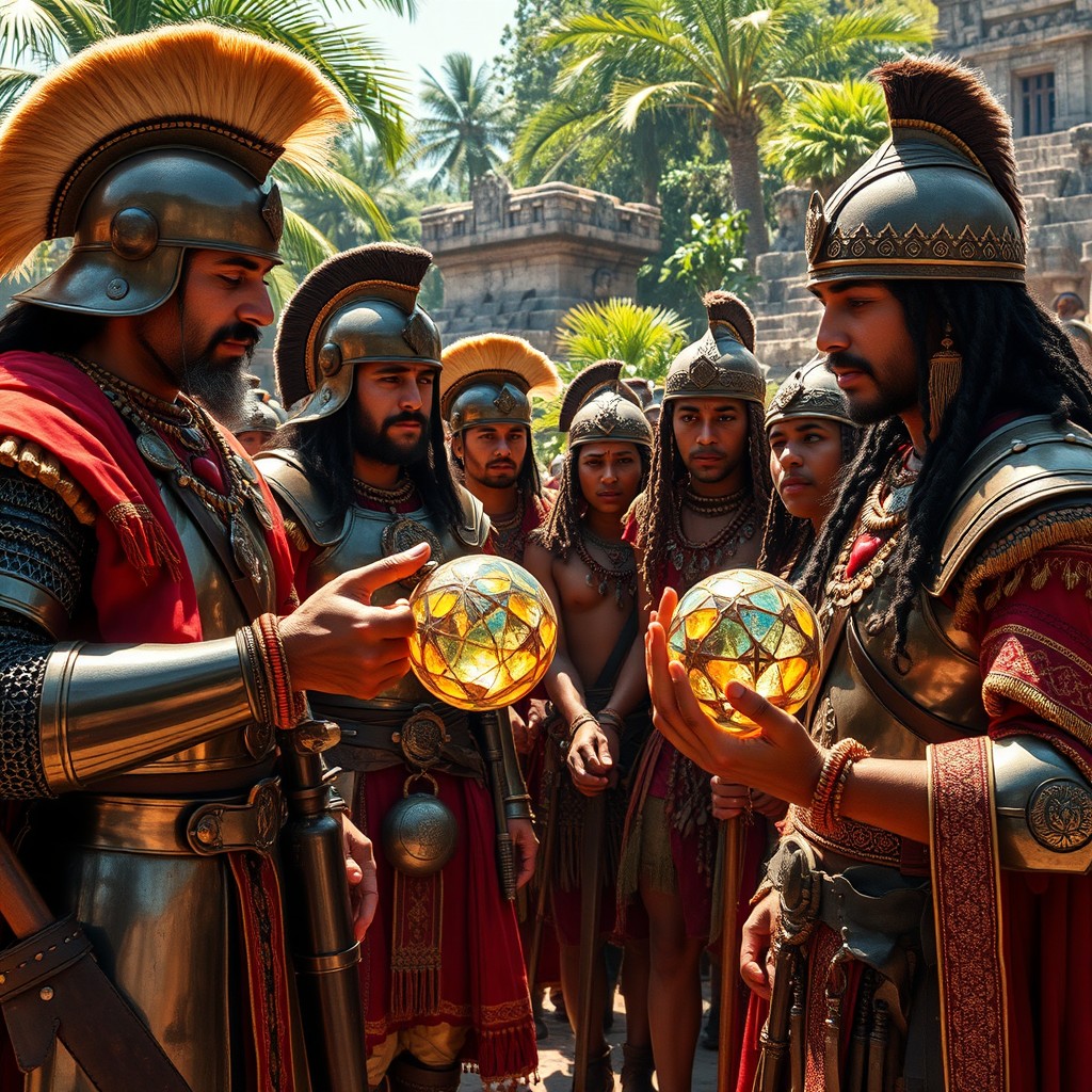 A historical scene depicting Spanish conquistadors in full armor, presenting beautifully crafted glass ornaments to Mayan individuals