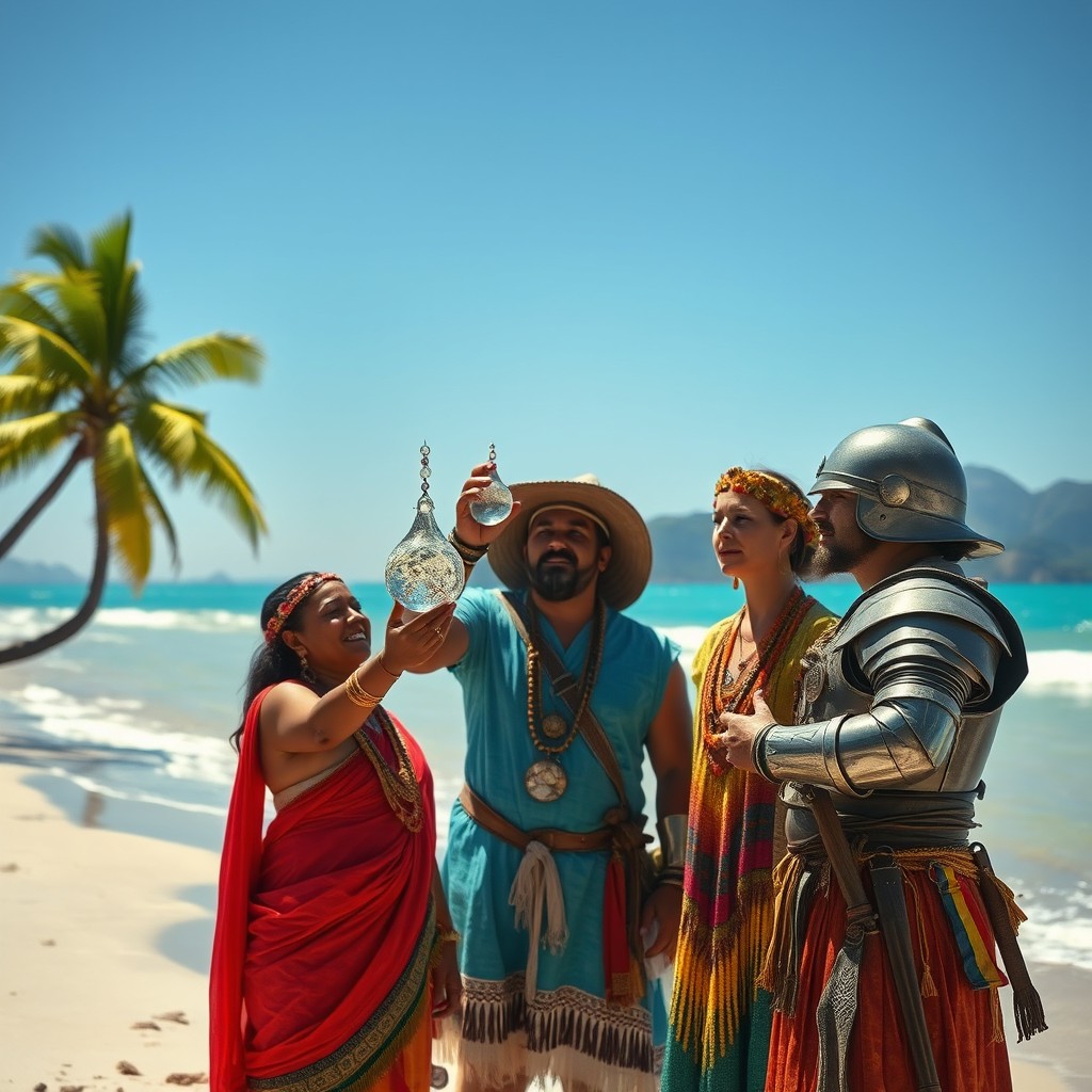 A captivating scene at a sunny beach where Spanish conquistadors in traditional armor are displaying exquisite glass ornaments to Maya people