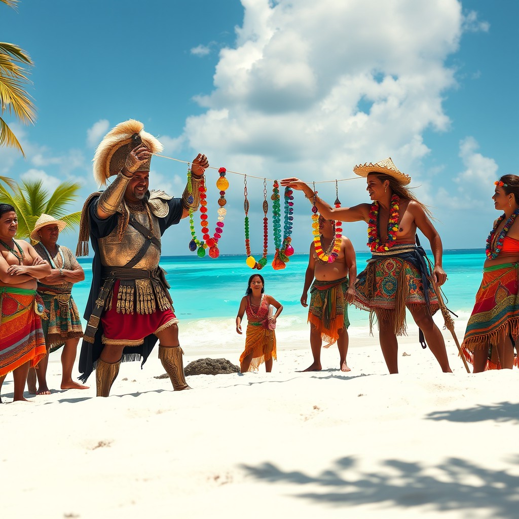 A vibrant beach scene featuring Spanish conquistadors in ornate armor, joyfully presenting colorful glass necklaces to a group of Maya people