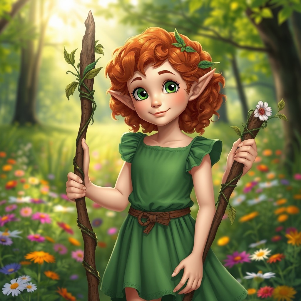 A beautiful female halfling with curly auburn hair and bright green eyes, wearing a flowing green dress that accentuates her petite stature