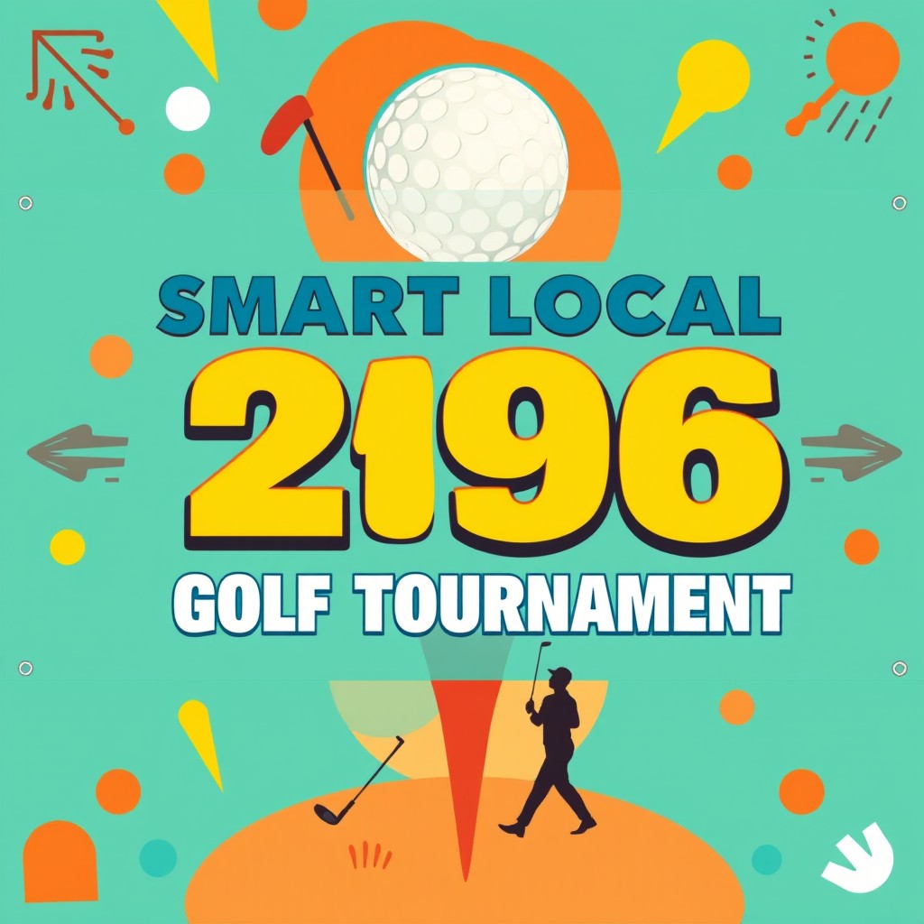 A vibrant and eye-catching banner for the 'SMART LOCAL 296 GOLF TOURNAMENT', designed in a 1960s retro style
