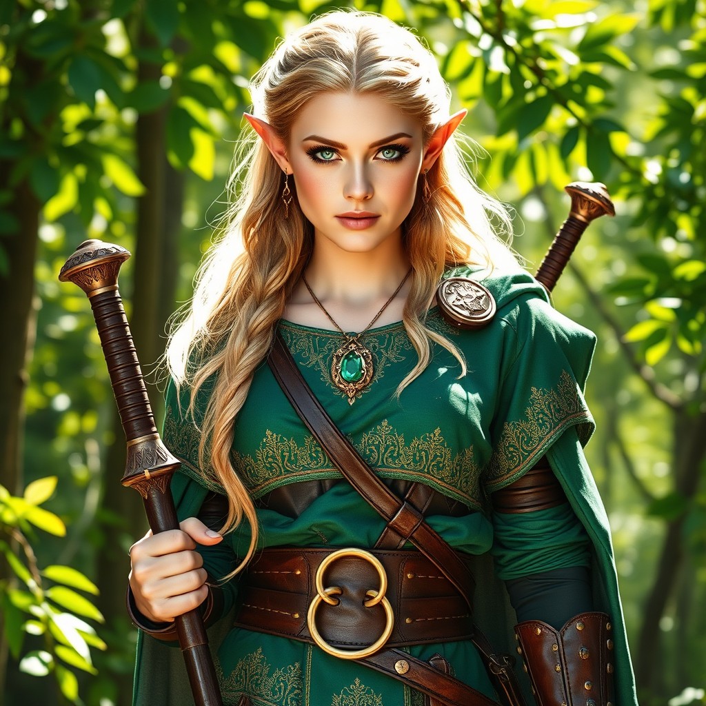 A high elf with striking green eyes and golden blonde hair