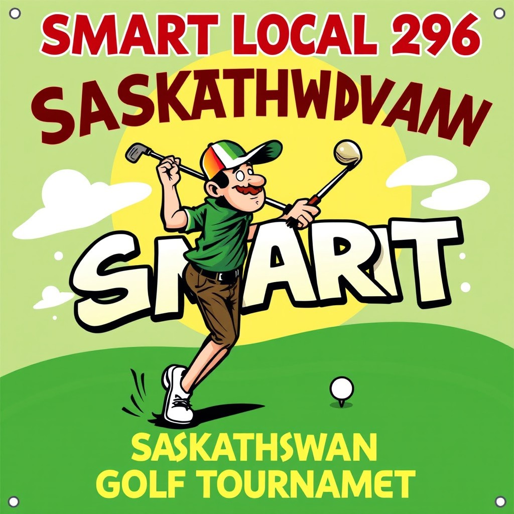A striking 10 x 5 banner for the 'SMART LOCAL 296 SASKATCHEWAN GOLF TOURNAMENT', designed in the distinctive style of Ed Roth