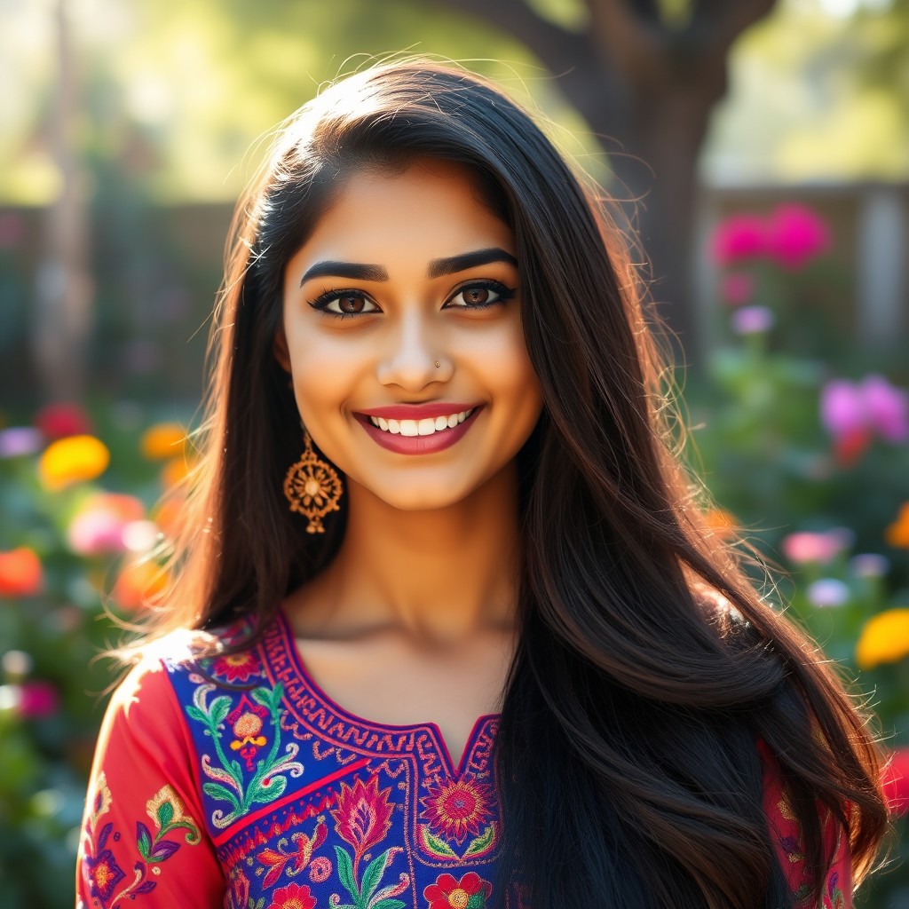 A beautiful portrait of Shakti Agarwal, a confident and inspiring young South Asian woman with long flowing dark hair, radiant skin, and captivating brown eyes