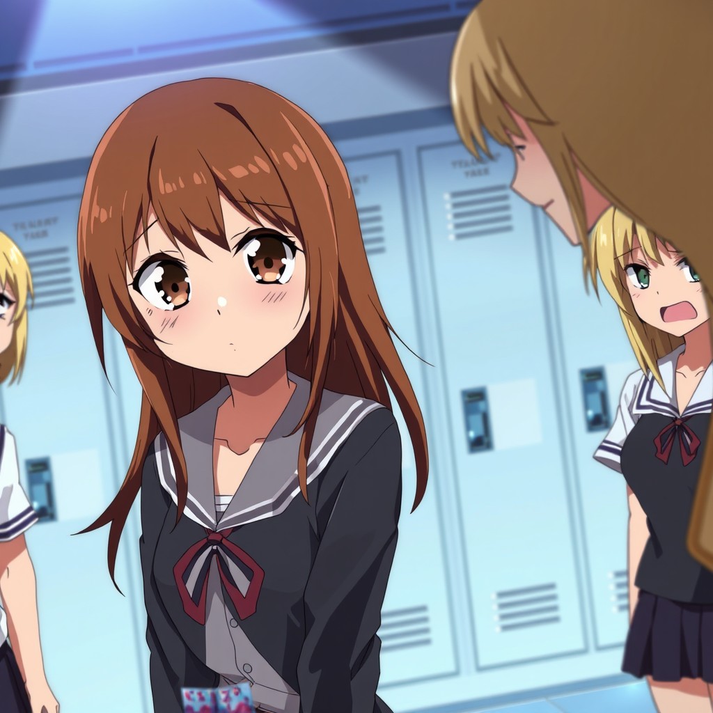 An anime-style scene depicting a brown-haired anime girl who looks distressed and sad as she is being bullied by a group of blonde anime girls