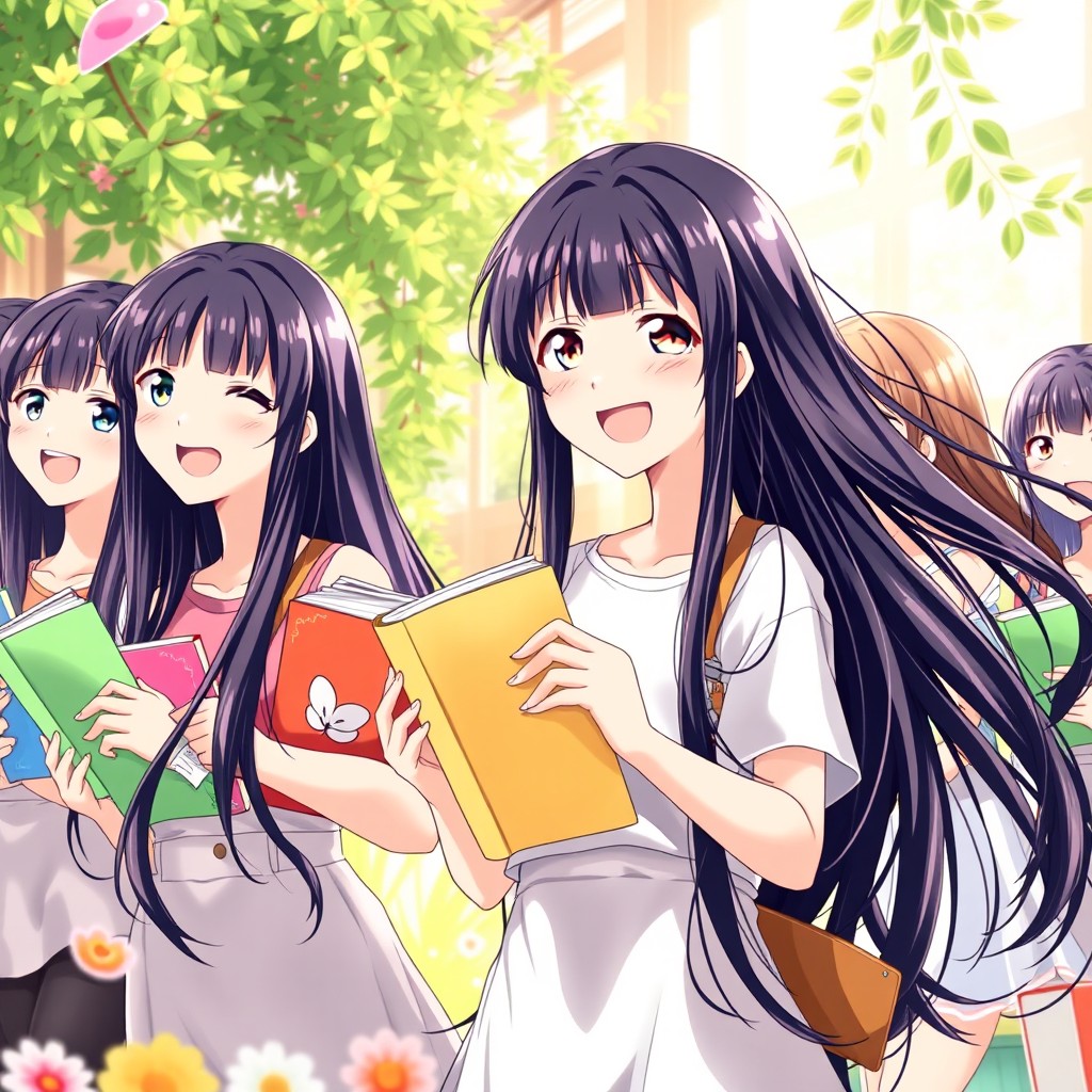 A cheerful scene featuring multiple happy anime girls with long, flowing black hair, all holding a variety of colorful books