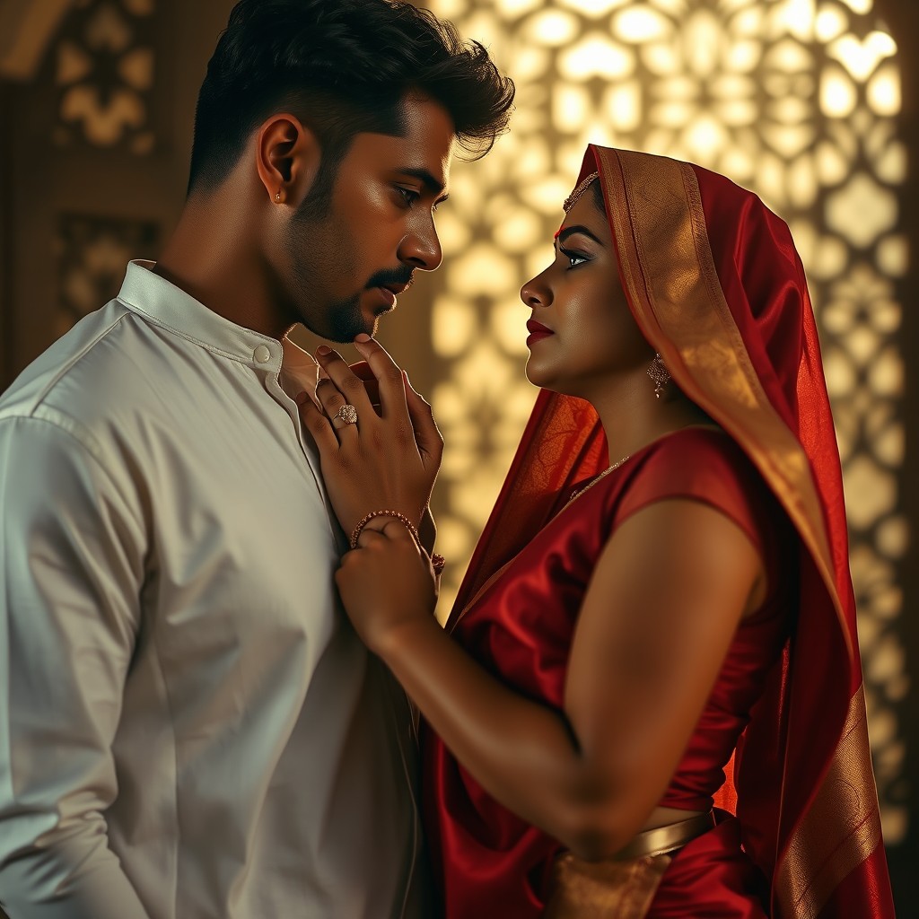 A cinematic, hyper-realistic photograph of an Indian couple in a moment of intense, private intimacy
