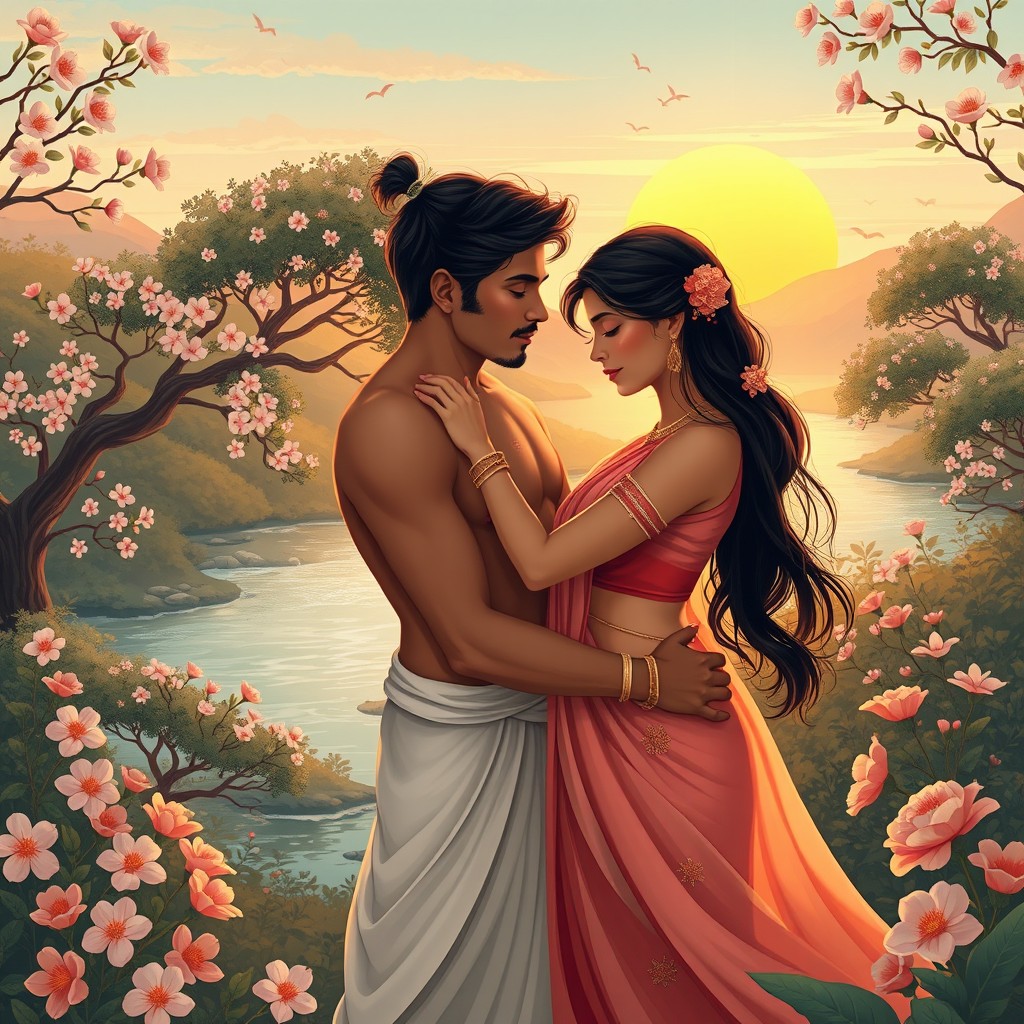 An elegantly illustrated scene inspired by the themes of the ancient Indian Kamasutra, featuring two lovers in an intimate embrace amidst a lush, serene landscape