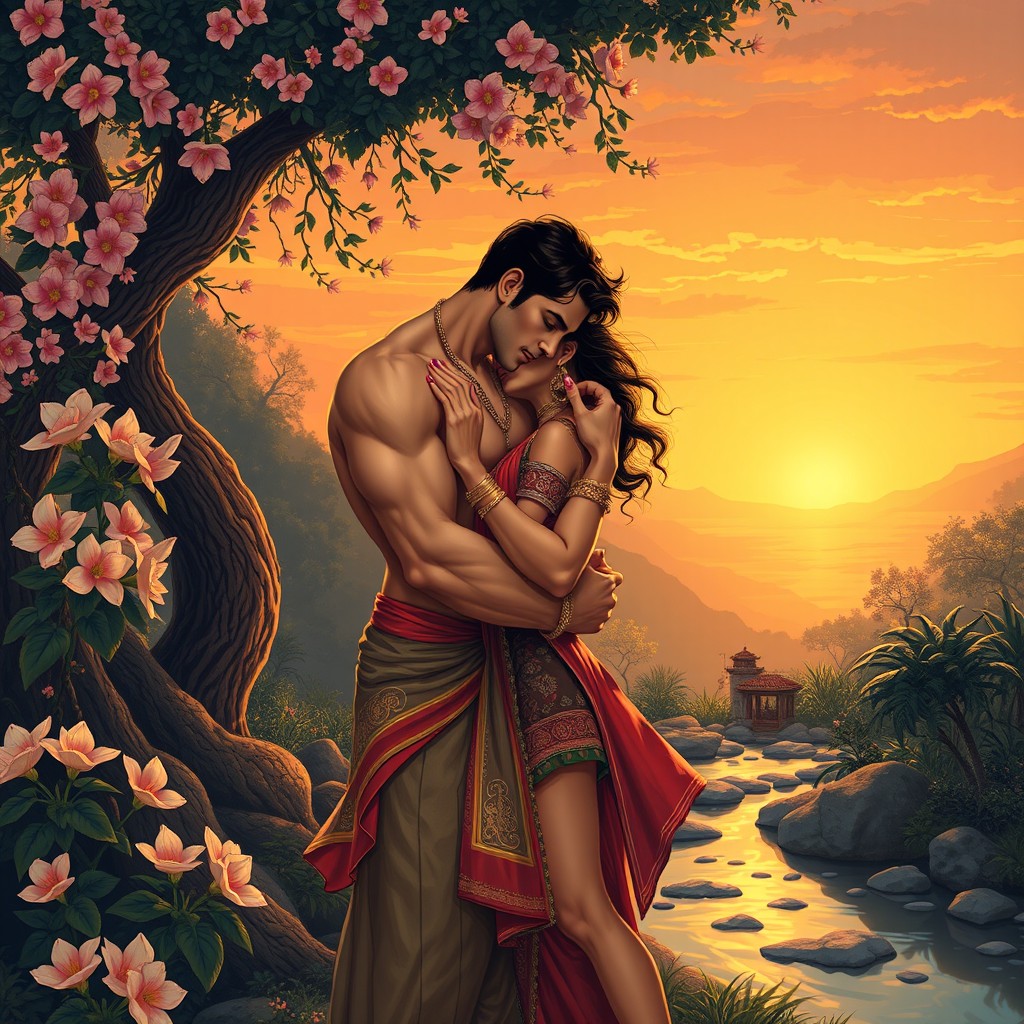 An elegantly illustrated scene inspired by the themes of the ancient Indian Kamasutra, featuring a muscular man and his partner in an intimate embrace amidst a lush, serene landscape