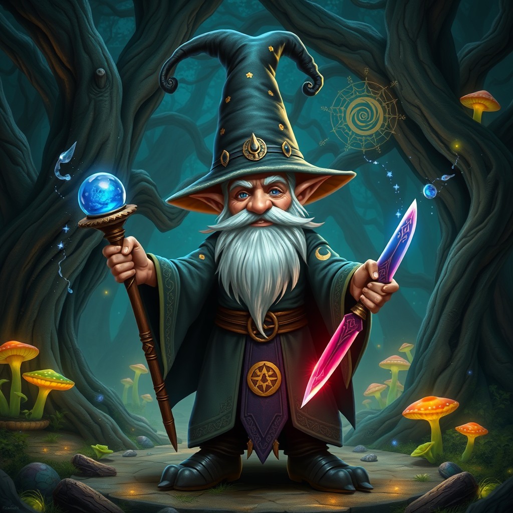 An awesome gnome warlock standing confidently in a mystical forest, wielding a magical staff topped with a glowing sapphire sphere in one hand, and a sparkling ruby dagger in the other