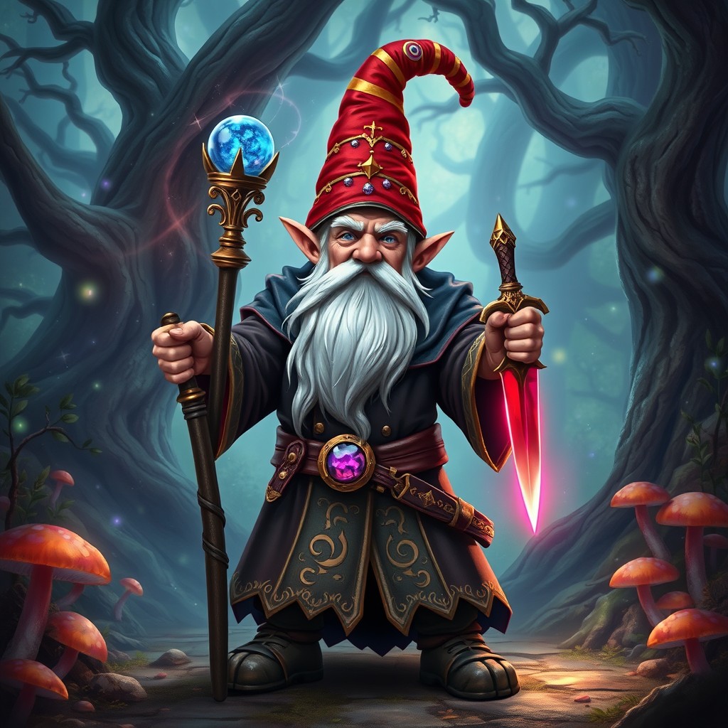 An awesome gnome warlock proudly posing in a vivid, enchanted forest, wielding a magical staff topped with a radiant sapphire sphere in one hand and a gleaming ruby dagger in the other