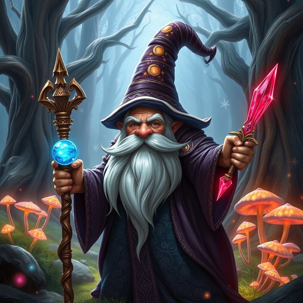 An awesome gnome warlock standing proudly in an enchanted forest, holding a magical staff topped with a luminous sapphire sphere in one hand and a shimmering ruby dagger in the other
