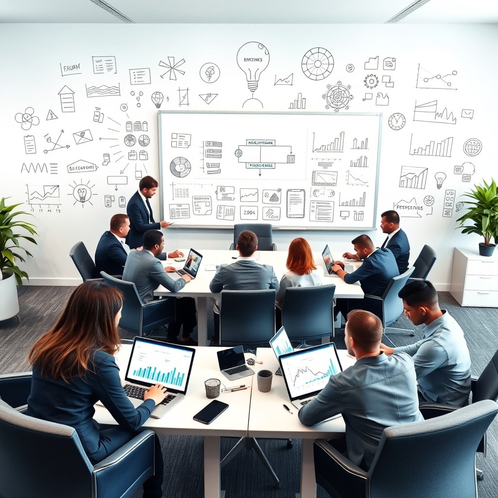A professional and modern office setting showcasing various business concepts and theories