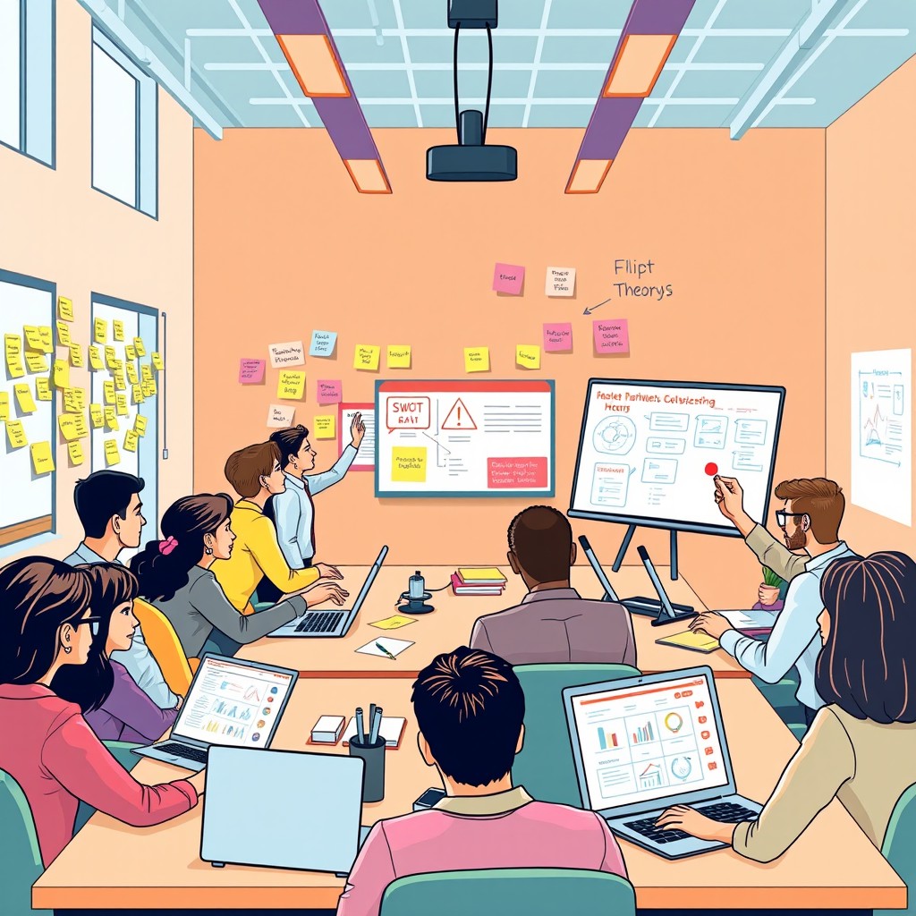 A dynamic and engaging business workshop scene taking place in a bright, contemporary conference room