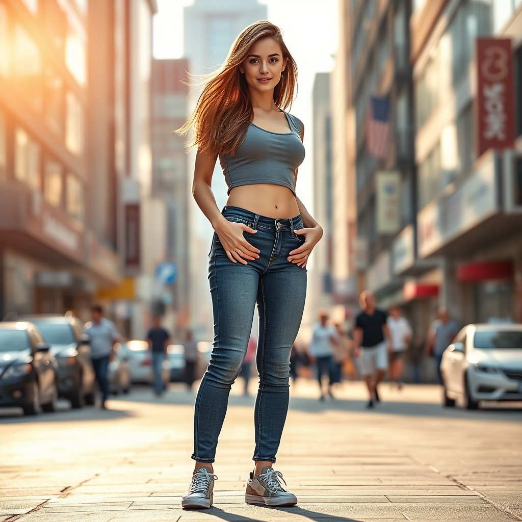 A fashionable young woman wearing tight jeans that beautifully accentuate her curves