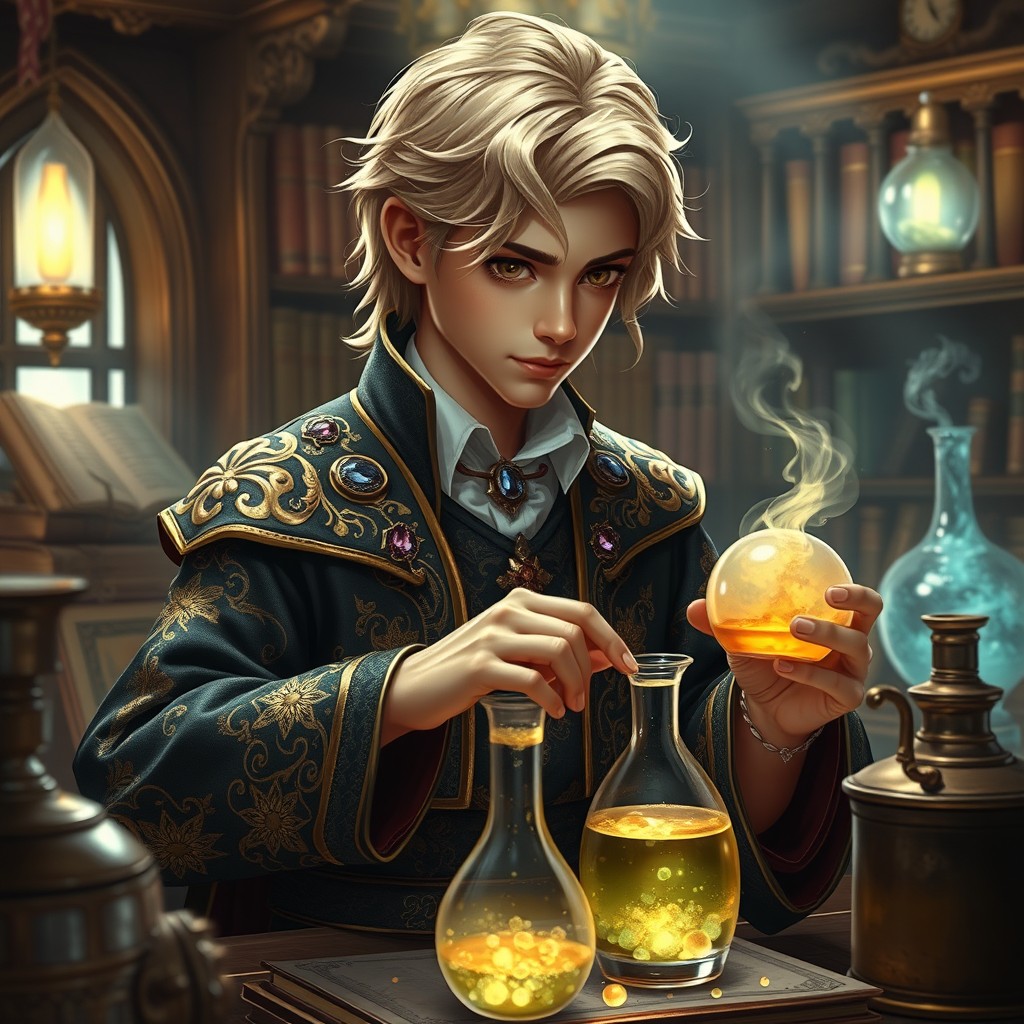 A young noble alchemist with blonde hair, wearing an intricately designed alchemical robe adorned with precious gemstones and golden embroidery