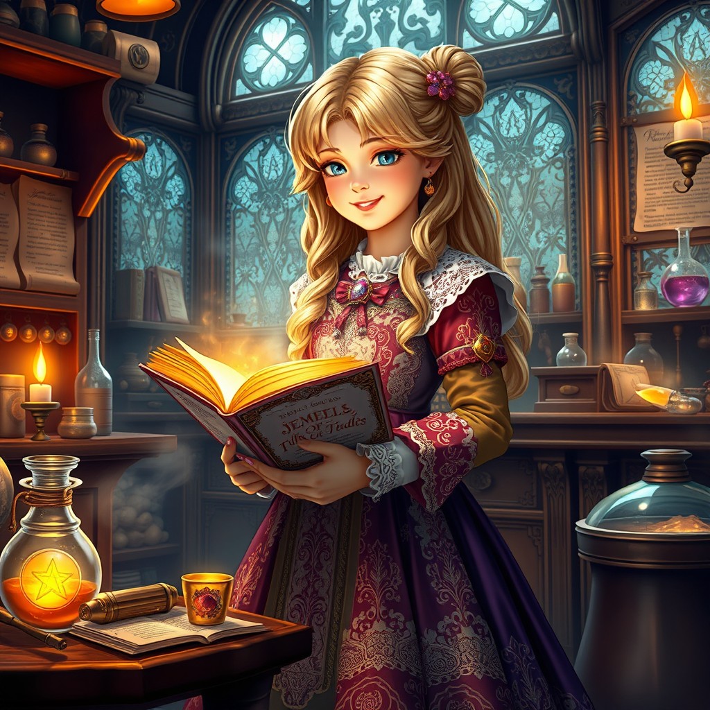 A young noble girl alchemist with beautiful blonde hair, elegantly dressed in a stunning alchemical gown embellished with intricate designs, rich colors, and delicate lace