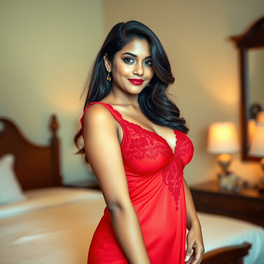 A 45-year-old Indian woman in a stunning red sleeveless nightdress, beautifully accentuating her elegant figure