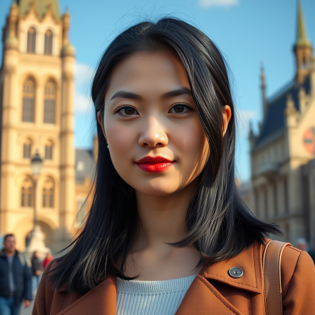 A photo-realistic image of a 24-year-old British Chinese woman with a slim physique, standing at 162cm tall