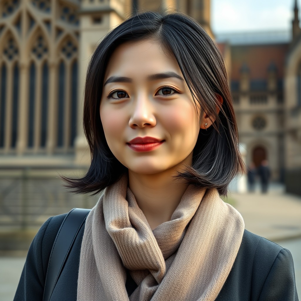 A photo-realistic image of a 24-year-old British Chinese woman, slim and 162cm tall, standing outside a landmark in Norwich, England