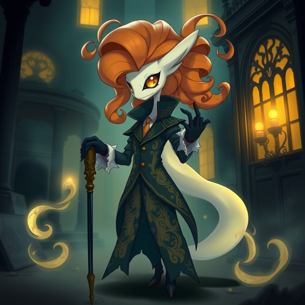 A Dark-type Pokémon named Ginjew, featuring a slender, ghostly humanoid form adorned in a tattered aristocratic tailcoat with ornate gold embroidery that flows like shadowy smoke