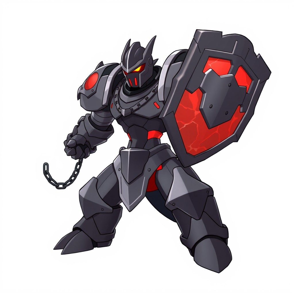 A custom Pokémon named Revwar, a Steel and Fighting type inspired by medieval knights and siege weapons, depicted as a large armored humanoid creature