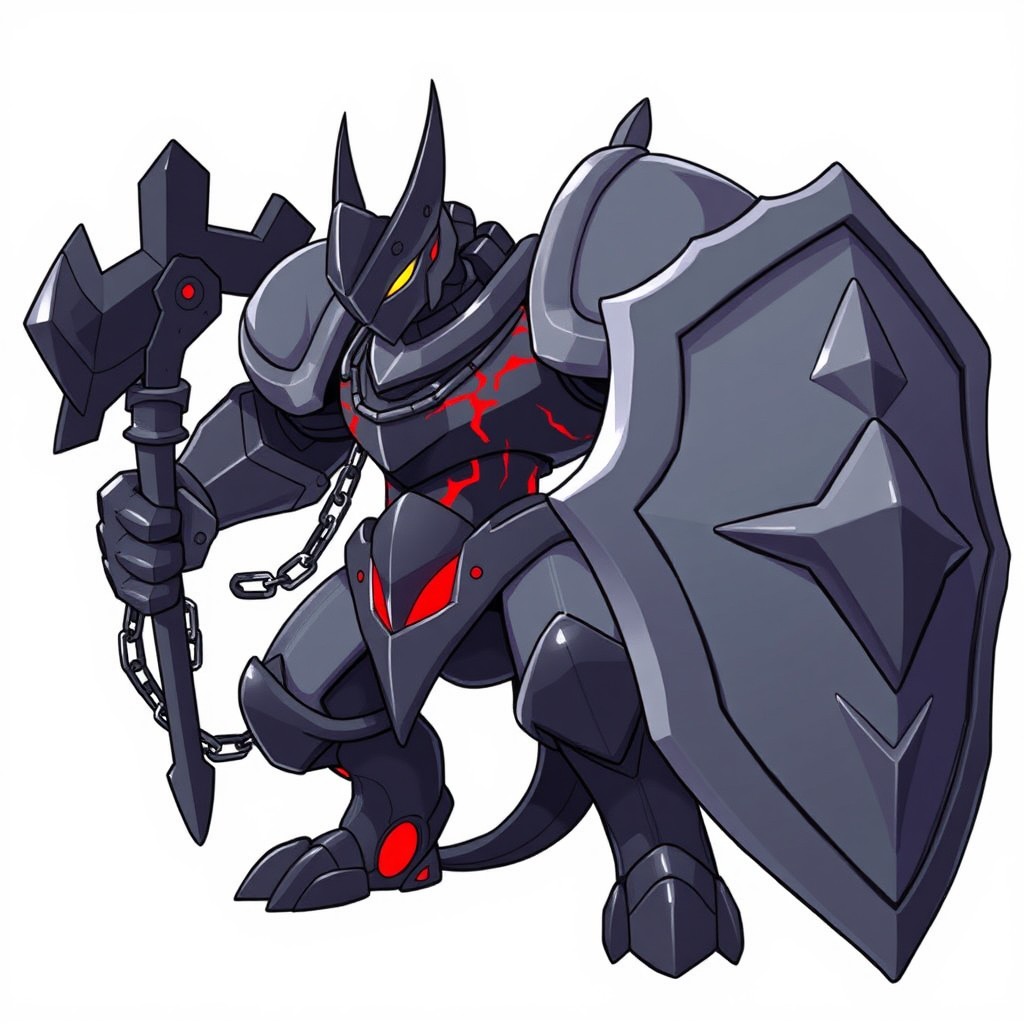 A custom Pokémon named Revwar, a Steel and Fighting type inspired by medieval knights and siege weapons, depicted as a large armored humanoid creature