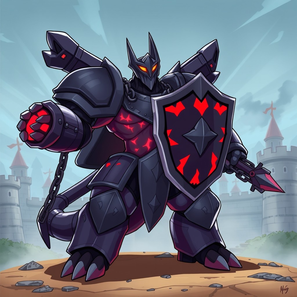 A custom Pokémon named Revwar, designed as a large armored humanoid creature that embodies elements of medieval knights and siege weapons