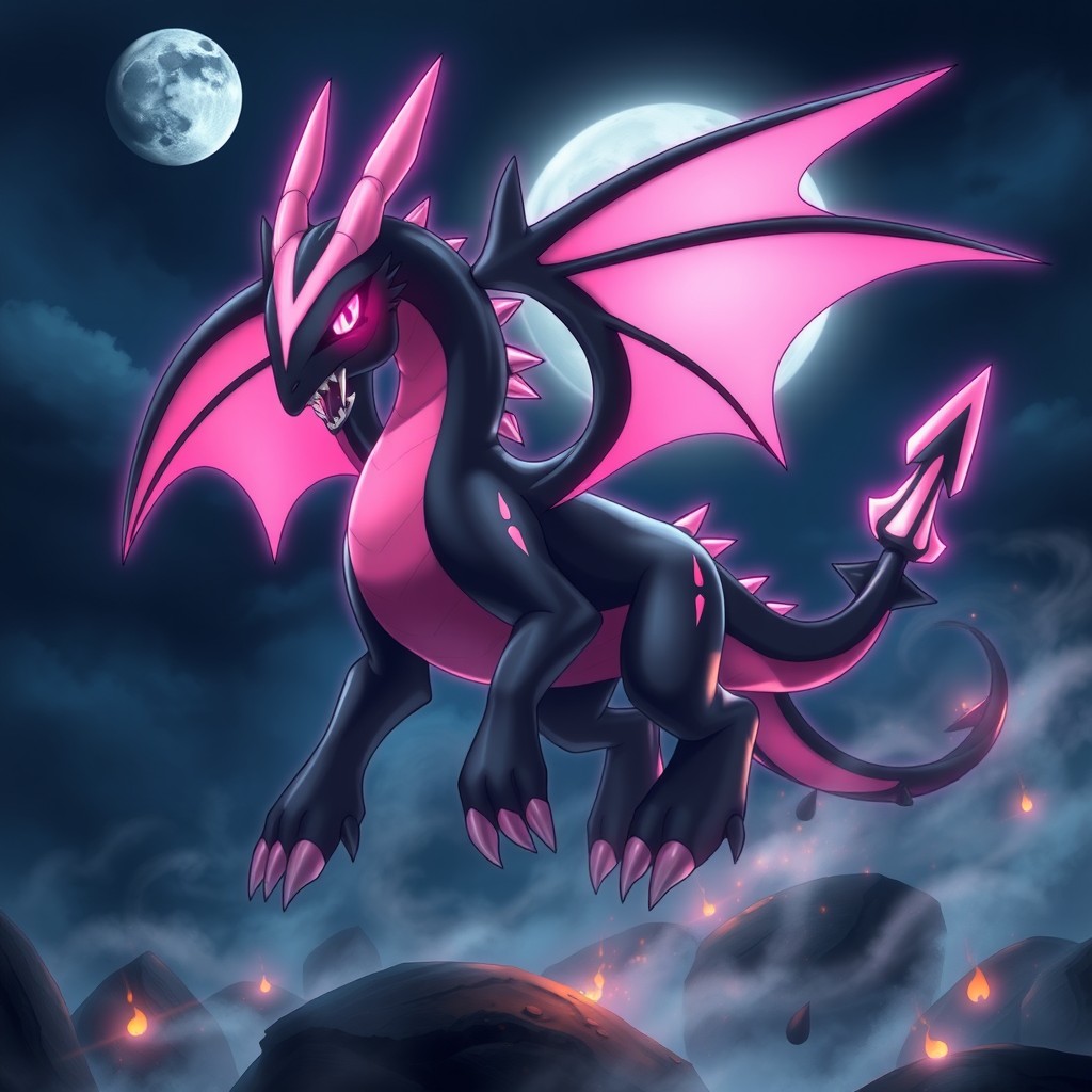 A majestic, original Pokémon named Rivmare, designed as a Dragon/Flying type resembling a powerful creature of the night